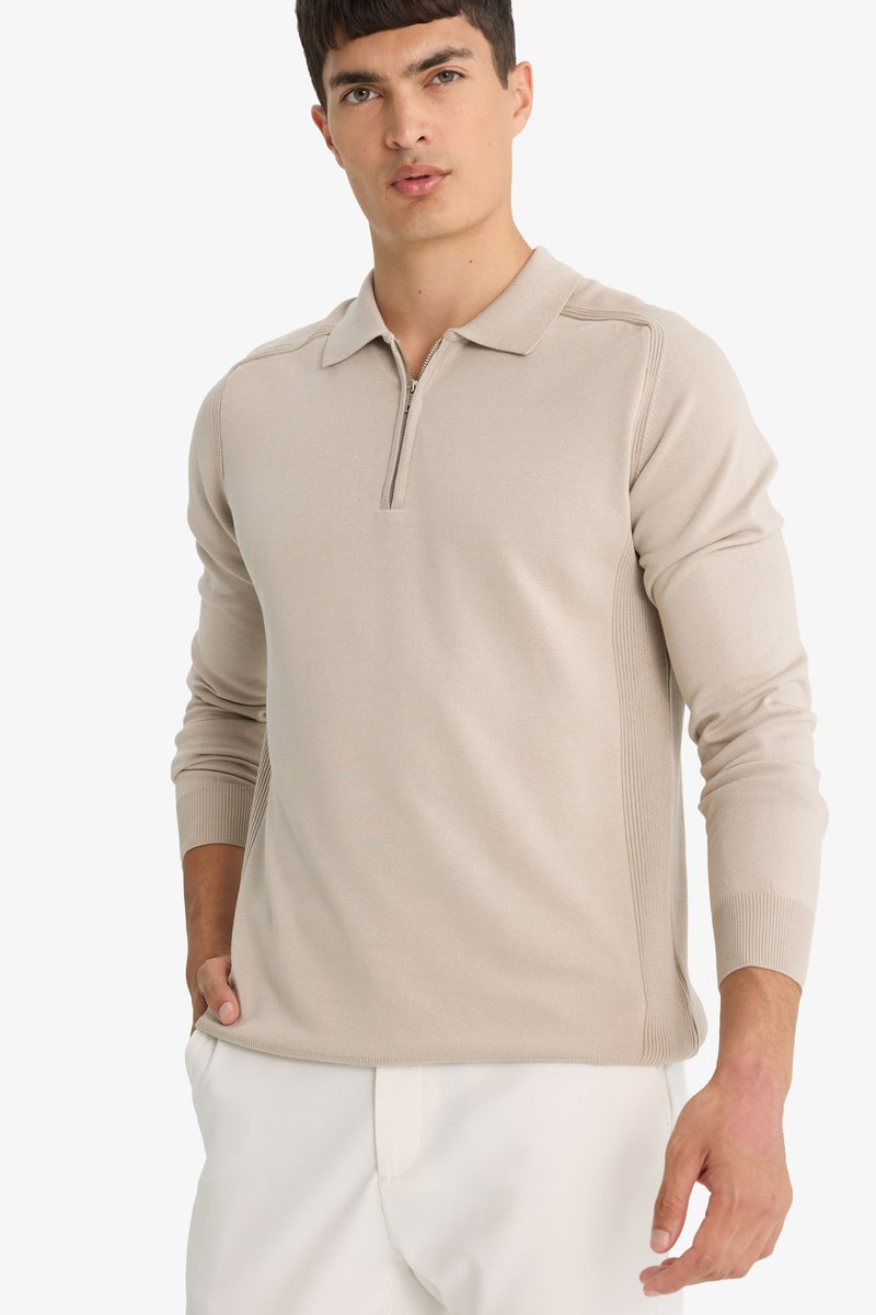 DeFacto Beige Man Standard Fit Polo Neck Half Zip Premium Knit Pullover Casual - Image 1