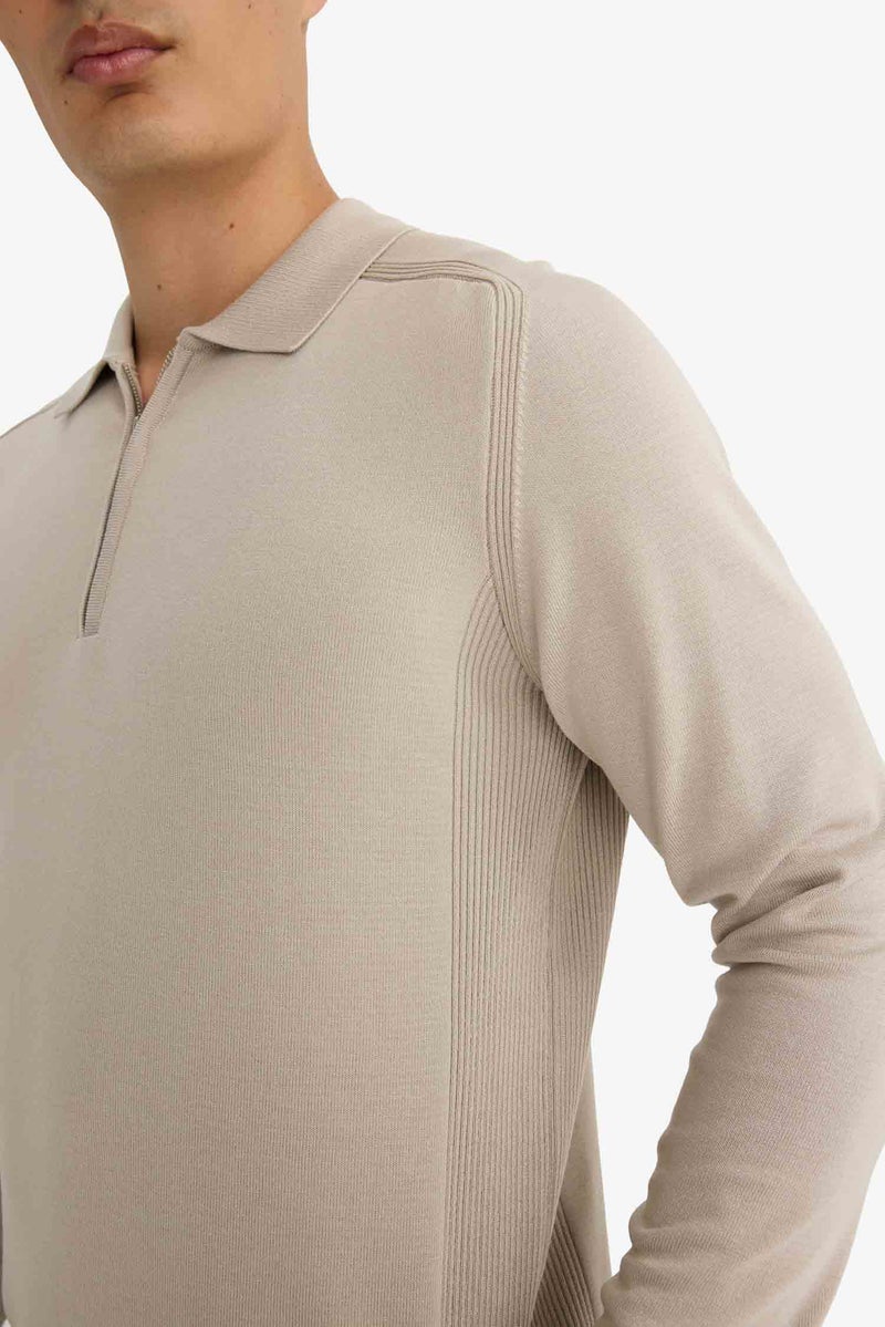 DeFacto Beige Man Standard Fit Polo Neck Half Zip Premium Knit Pullover Casual - Image 5