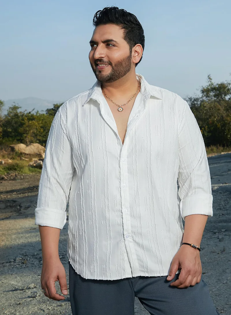 Instafab Plus Instafab Plus Men's Chalk White Ripple-Edge Shirt For Casual Wear | Spread Collar | Long Cuffed Sleeves | Button Closure | Plus Size Shirt Crafted With Comfort Fit For Everyday Wear