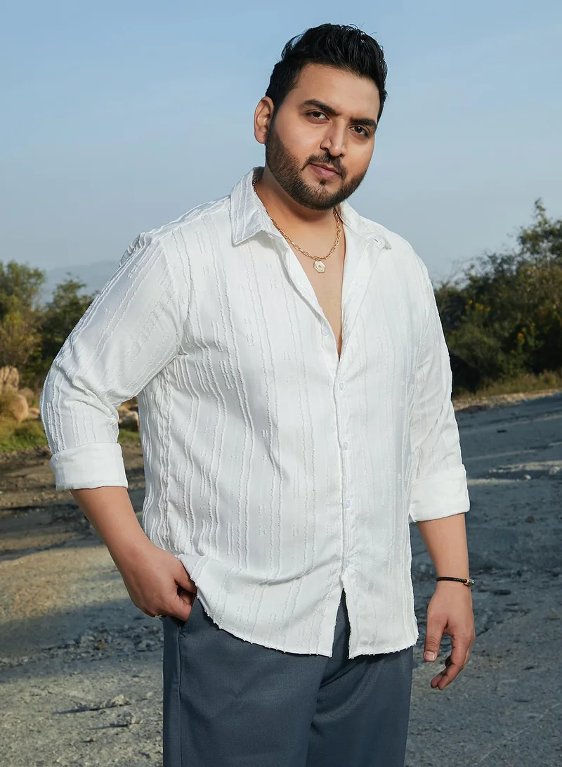 Instafab Plus  Instafab Plus Men's Chalk White Ripple-Edge Shirt For Casual Wear | Spread Collar | Long Cuffed Sleeves | Button Closure | Plus Size Shirt Crafted With Comfort Fit For Everyday Wear for Men | Best Price UAE