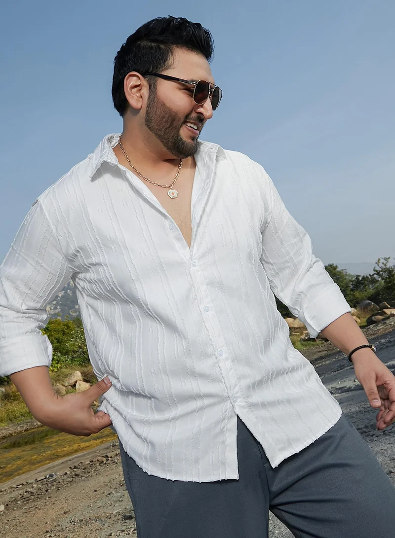 Instafab Plus Instafab Plus Men's Chalk White Ripple-Edge Shirt For Casual Wear | Spread Collar | Long Cuffed Sleeves | Button Closure | Plus Size Shirt Crafted With Comfort Fit For Everyday Wear
