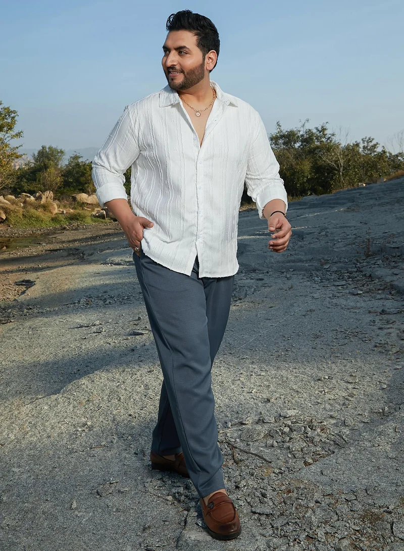 Instafab Plus  Instafab Plus Men's Chalk White Ripple-Edge Shirt For Casual Wear | Spread Collar | Long Cuffed Sleeves | Button Closure | Plus Size Shirt Crafted With Comfort Fit For Everyday Wear for Men | Best Price UAE