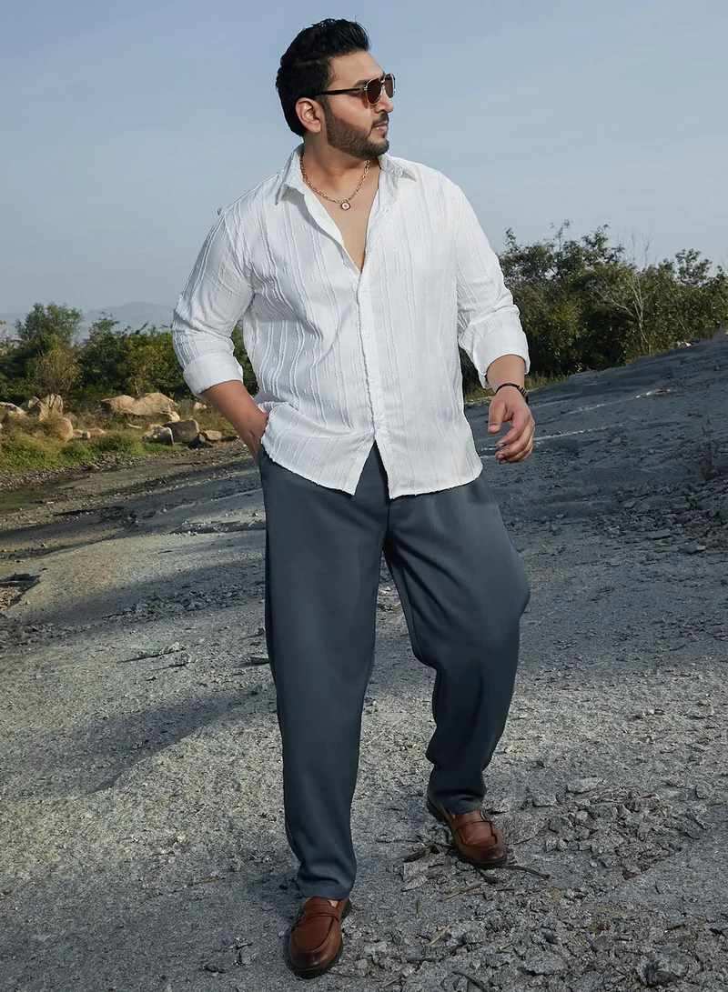 Instafab Plus  Instafab Plus Men's Chalk White Ripple-Edge Shirt For Casual Wear | Spread Collar | Long Cuffed Sleeves | Button Closure | Plus Size Shirt Crafted With Comfort Fit For Everyday Wear for Men | Best Price UAE