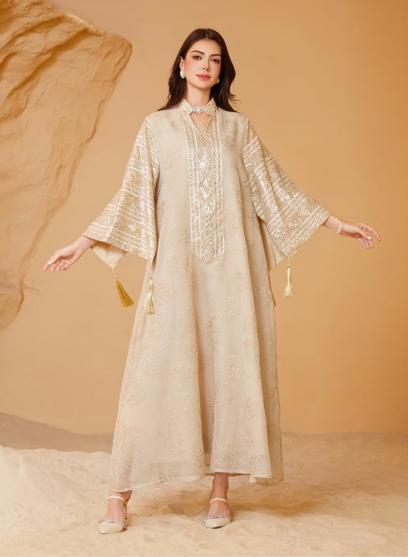 Elegant Dubai Kaftan Evening Dress for Women – Embroidered Mesh with Sequins, Flared Sleeves & Tassel Cuffs – Modest Muslim Maxi Gown for Parties & Events - Image 1