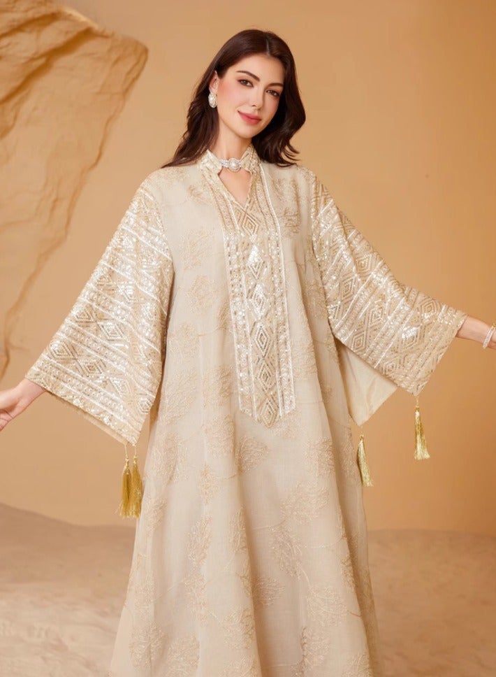 Elegant Dubai Kaftan Evening Dress for Women – Embroidered Mesh with Sequins, Flared Sleeves & Tassel Cuffs – Modest Muslim Maxi Gown for Parties & Events - Image 2