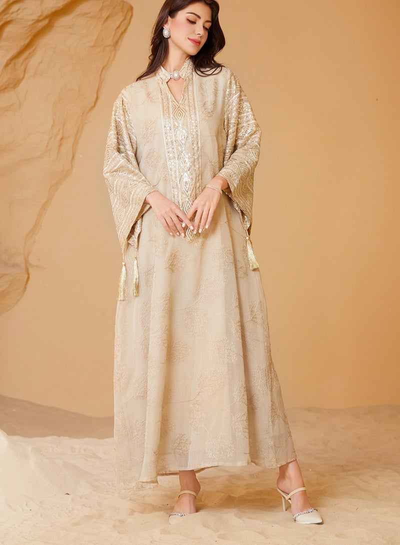 Elegant Dubai Kaftan Evening Dress for Women – Embroidered Mesh with Sequins, Flared Sleeves & Tassel Cuffs – Modest Muslim Maxi Gown for Parties & Events - Image 3