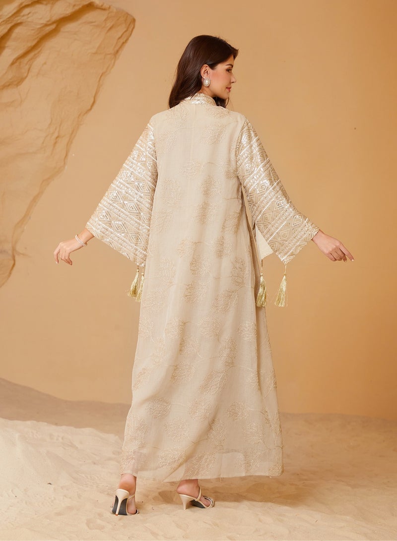Elegant Dubai Kaftan Evening Dress for Women – Embroidered Mesh with Sequins, Flared Sleeves & Tassel Cuffs – Modest Muslim Maxi Gown for Parties & Events - Image 4