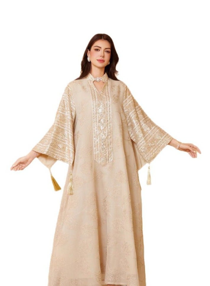 Elegant Dubai Kaftan Evening Dress for Women – Embroidered Mesh with Sequins, Flared Sleeves & Tassel Cuffs – Modest Muslim Maxi Gown for Parties & Events - Image 5