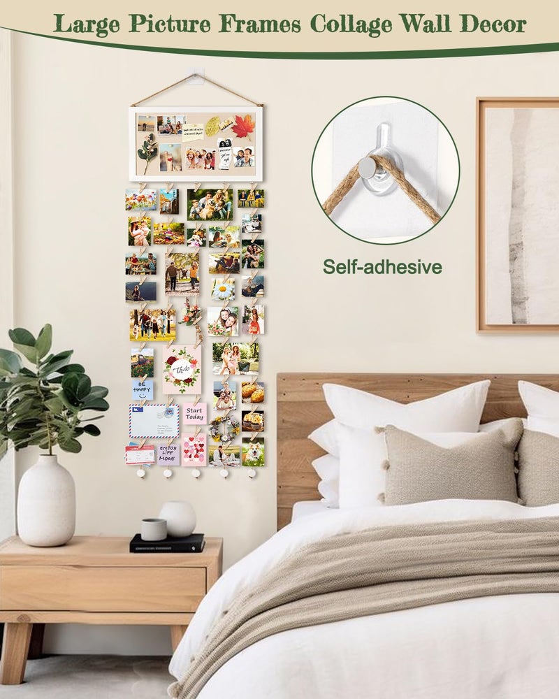 Bikoney Large Collage Picture Frame with Bulletin Board, Hanging Photo Display for Multiple Pictures, Wall Photo Organizer with 30 Clips & 6 Pushpins, Self Adhesive Hooks â€“ No Drill Wood Photo Board for Room Decor - Image 2