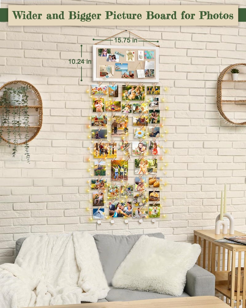 Bikoney Large Collage Picture Frame with Bulletin Board, Hanging Photo Display for Multiple Pictures, Wall Photo Organizer with 30 Clips & 6 Pushpins, Self Adhesive Hooks â€“ No Drill Wood Photo Board for Room Decor - Image 3