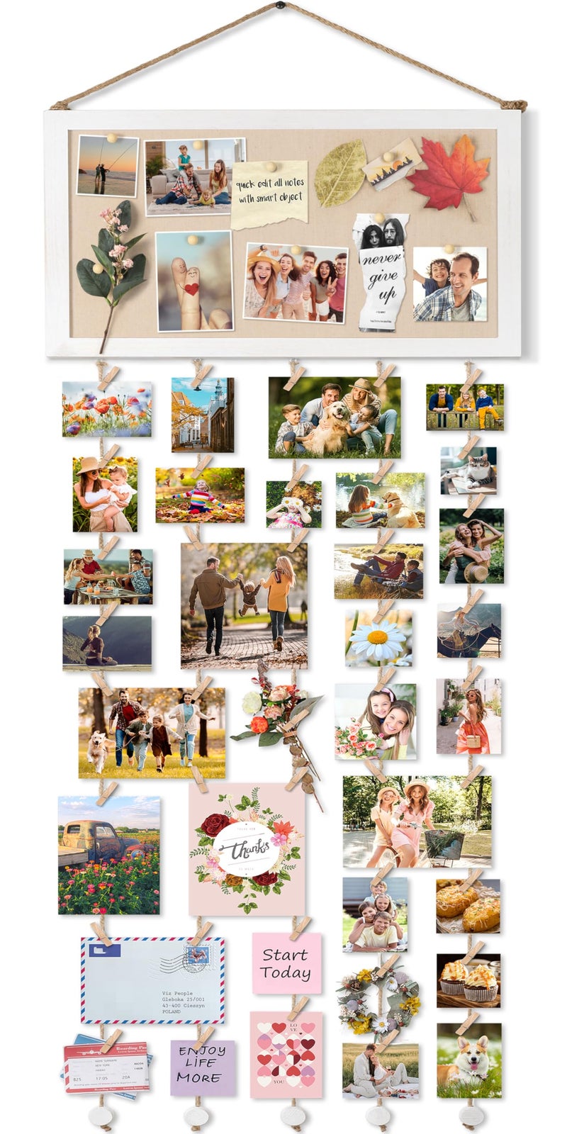 Bikoney Large Collage Picture Frame with Bulletin Board, Hanging Photo Display for Multiple Pictures, Wall Photo Organizer with 30 Clips & 6 Pushpins, Self Adhesive Hooks â€“ No Drill Wood Photo Board for Room Decor - Image 1