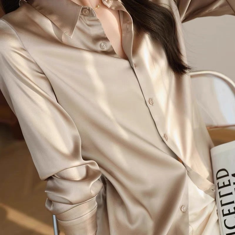 Cross-border Preferred in stock 2024 Autumn Elegant High-end New Commuting Acetic Satin Long Sleeve Loose Shirt Women Champagne gold