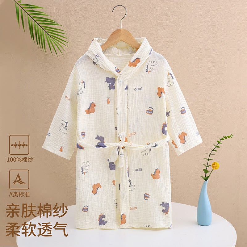 Children's 100% Cotton Gauze Hooded Bathrobe - Soft Absorbent Towel Robe for Swimming, Bathing & Home
