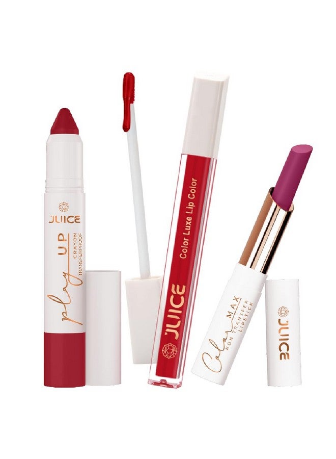 Juice Long Lasting, 3pc Lipstick Combo Set For Women(Red-y Set Go-MCR08 Lip Crayon, Red Head-M06 Liquid Lipstick, Peony Party-M05 Slim Stick)