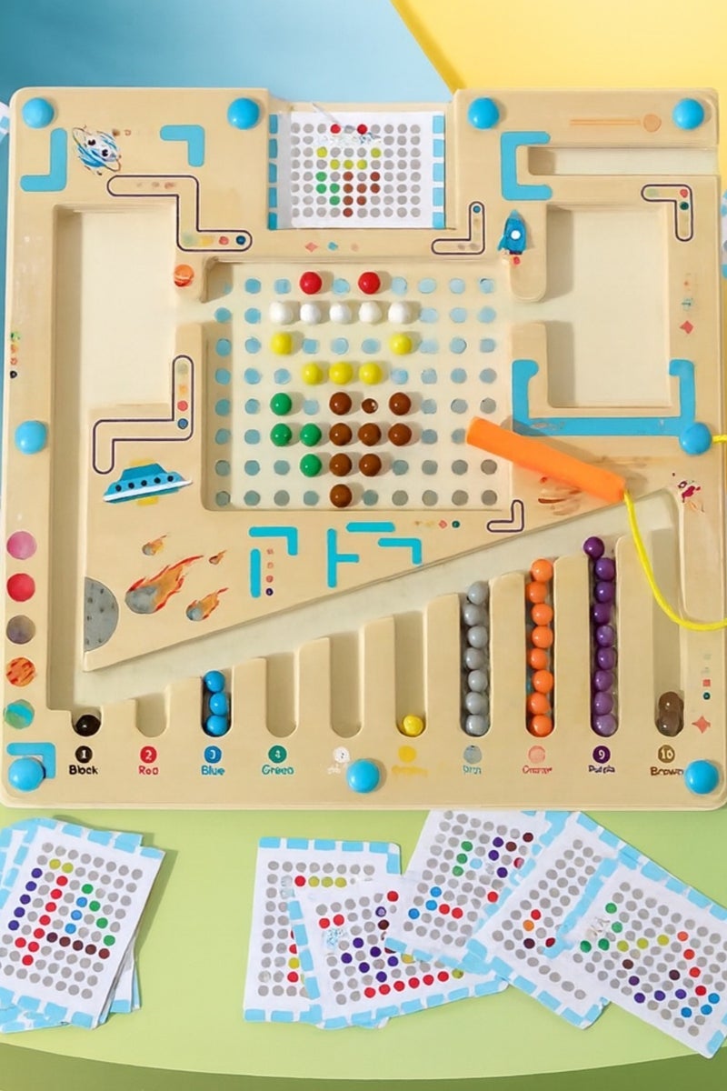 F.A.M.S Magnetic Color Sorting Maze Game for Kids – Wooden Educational Toy with Magnetic Pen, Pattern Cards, and 10 Colored Balls – Montessori Fine Motor Skill Development Puzzle for Toddlers and Preschoolers - Image 1