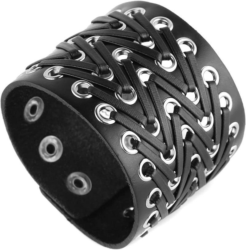 STWTR Black metal rivets studs punk rock biker wide belt leather bracelet guard wrist strap skull - Image 4