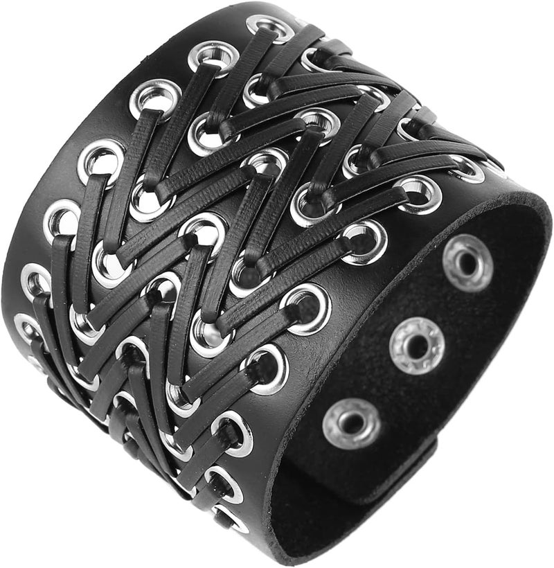 STWTR Black metal rivets studs punk rock biker wide belt leather bracelet guard wrist strap skull - Image 5