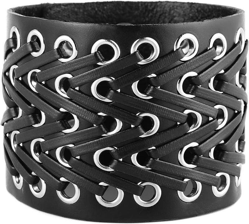 STWTR Black metal rivets studs punk rock biker wide belt leather bracelet guard wrist strap skull - Image 1
