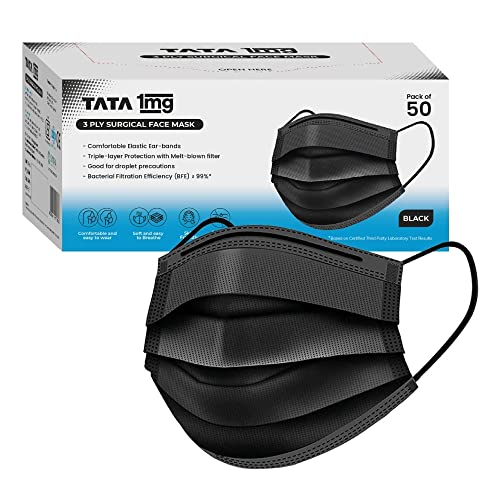 TATA 1MG قناع جراحي 1MG تاتا ثلاثي الطبقات مع فلتر ذائب ودبوس أنف (أسود، عبوة من 50 قناع) - Image 1