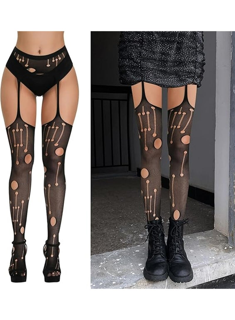 LLASIDO 5 Pairs Fishnet Thigh High Garter Stockings Patterned Tights for Women,Garter Belt Set & Suspender Pantyhose for Girl - Image 5