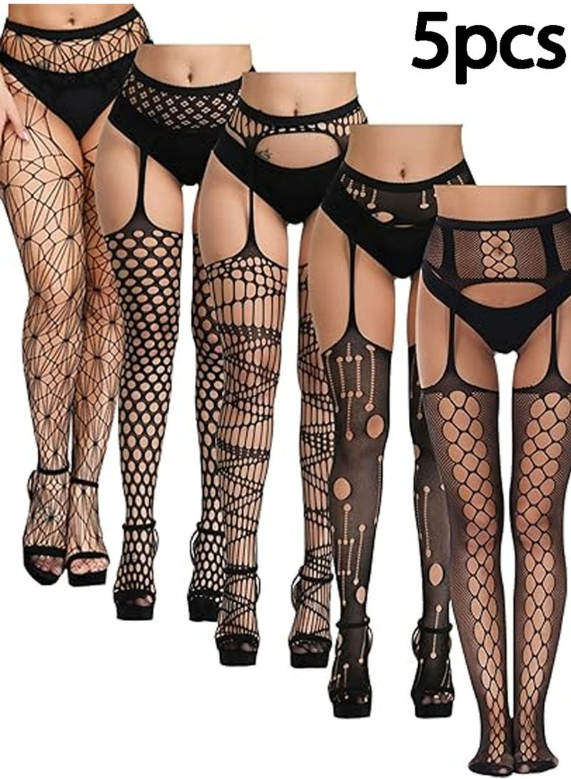 LLASIDO 5 Pairs Fishnet Thigh High Garter Stockings Patterned Tights for Women,Garter Belt Set & Suspender Pantyhose for Girl - Image 1