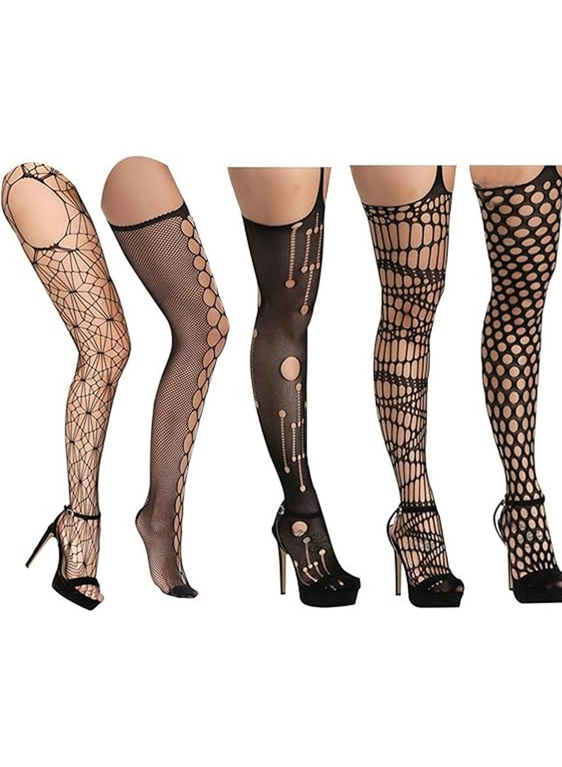 LLASIDO 5 Pairs Fishnet Thigh High Garter Stockings Patterned Tights for Women,Garter Belt Set & Suspender Pantyhose for Girl - Image 2