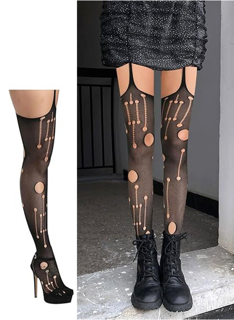 LLASIDO 5 Pairs Fishnet Thigh High Garter Stockings Patterned Tights for Women,Garter Belt Set & Suspender Pantyhose for Girl - Image 4
