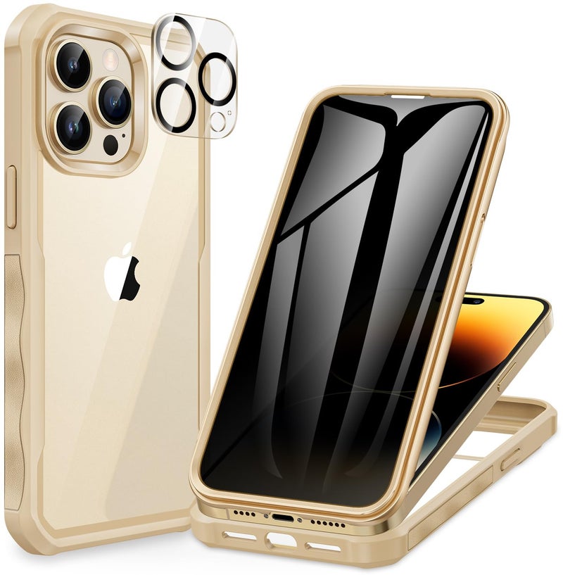 CENHUFO Privacy for iPhone 14 Pro Max Case, Full Body Phone Case with Built-in 9H Tempered Glass Privacy Screen Protector and Camera Lens Protector, Anti Peep Shockproof Bumper Clear Cover - Beige - Image 1