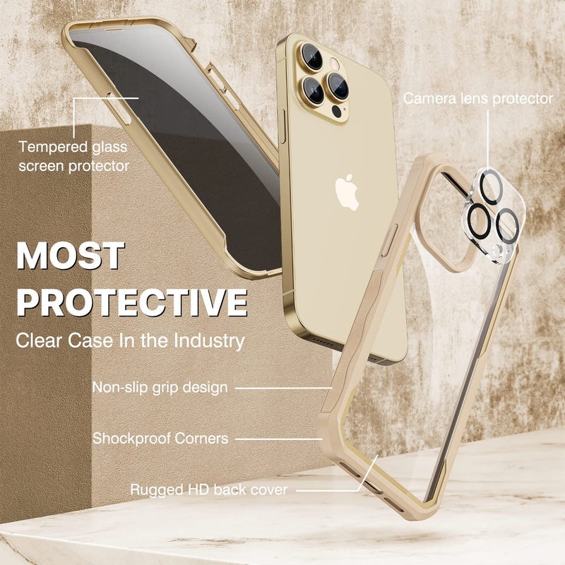 CENHUFO Privacy for iPhone 14 Pro Max Case, Full Body Phone Case with Built-in 9H Tempered Glass Privacy Screen Protector and Camera Lens Protector, Anti Peep Shockproof Bumper Clear Cover - Beige - Image 3