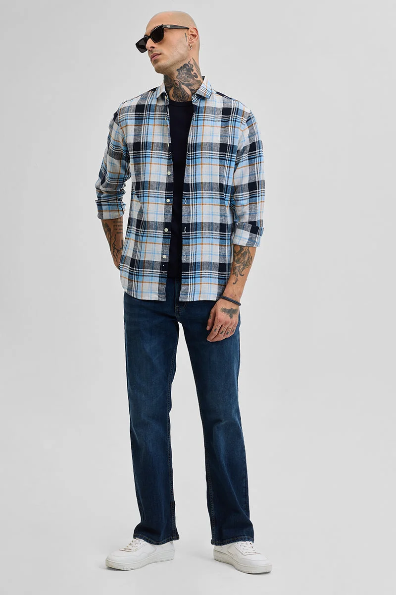 سنيتش Blue Checkered Long Sleeve Slim Fit Shirt