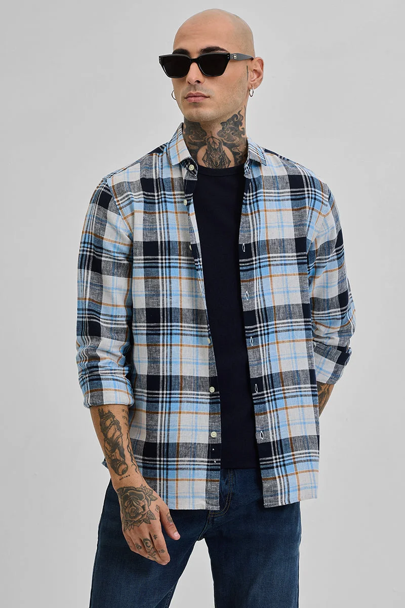 سنيتش Blue Checkered Long Sleeve Slim Fit Shirt