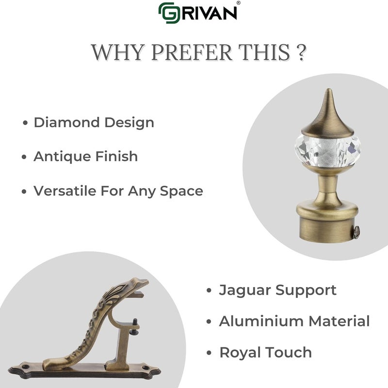 GRIVAN Aluminium Single Diamond Curtain Brackets Parda Holders with Jaguar Support Fittings 1 Inch Rod Pocket Finials Designer Door and Window Antique Pair of 3 - Image 3