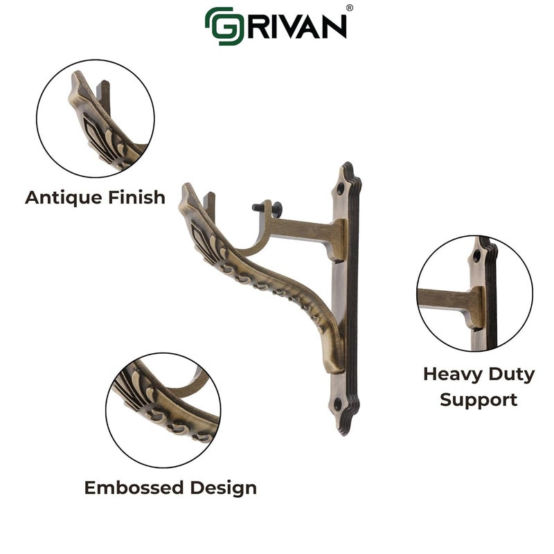 GRIVAN Aluminium Single Diamond Curtain Brackets Parda Holders with Jaguar Support Fittings 1 Inch Rod Pocket Finials Designer Door and Window Antique Pair of 3 - Image 5
