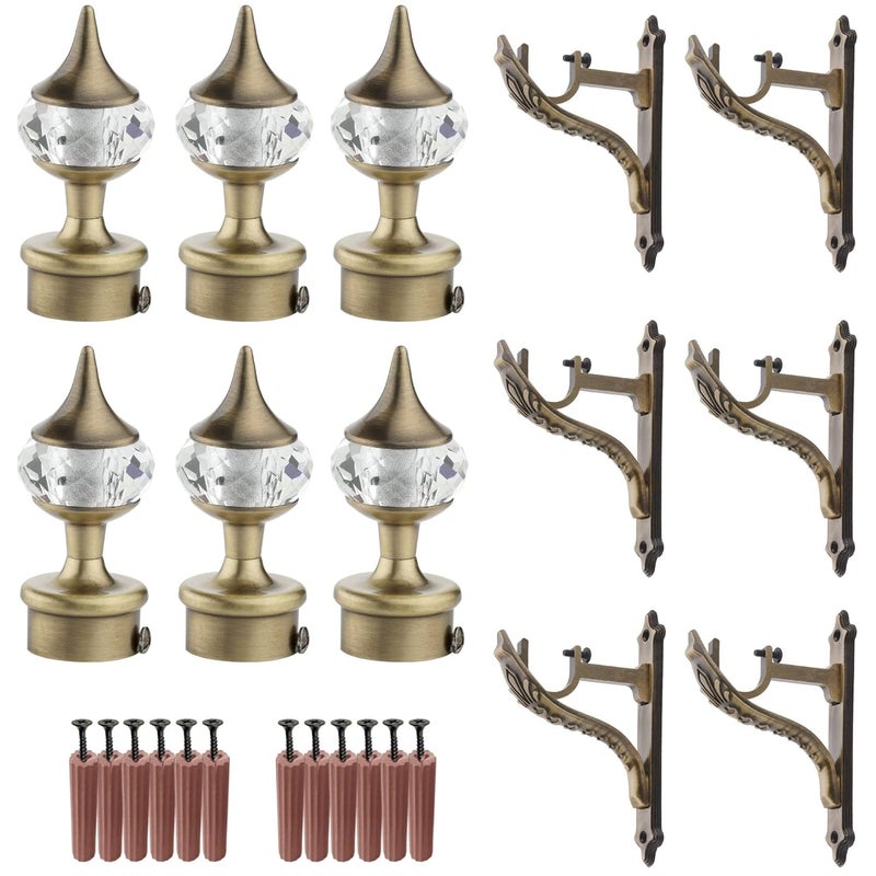 GRIVAN Aluminium Single Diamond Curtain Brackets Parda Holders with Jaguar Support Fittings 1 Inch Rod Pocket Finials Designer Door and Window Antique Pair of 3 - Image 1