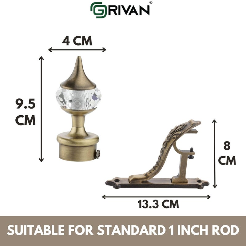 GRIVAN Aluminium Single Diamond Curtain Brackets Parda Holders with Jaguar Support Fittings 1 Inch Rod Pocket Finials Designer Door and Window Antique Pair of 3 - Image 4