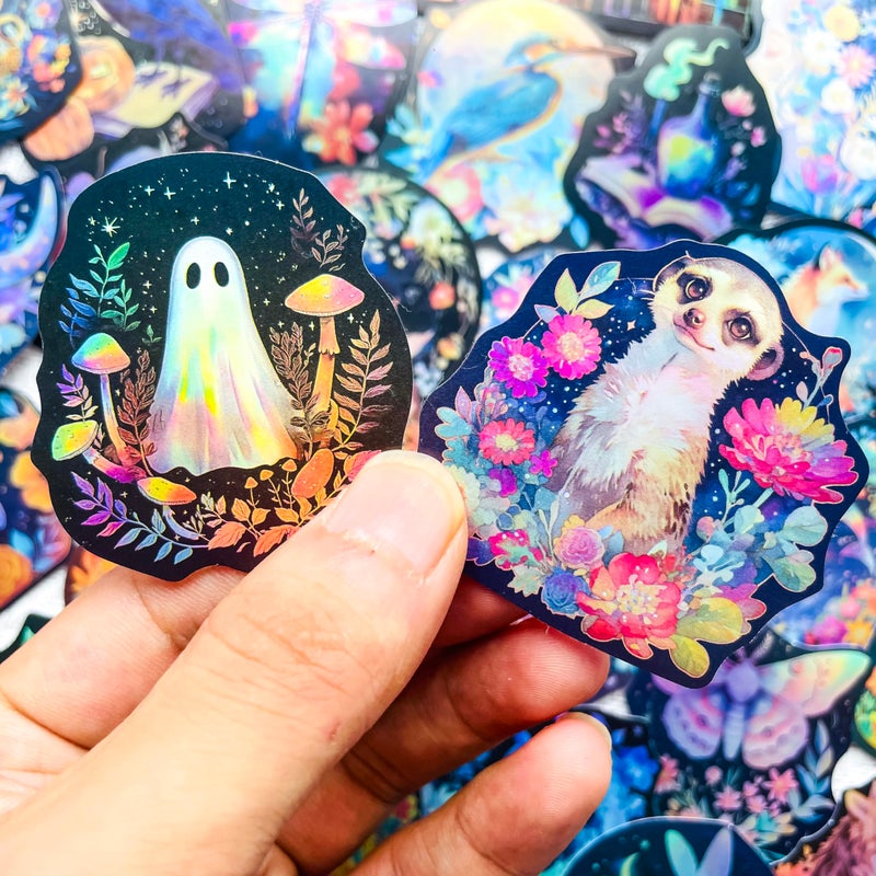 YOKSAS 50PCS Holographic Nature Floral Aesthetic Stickers â€“ Waterproof Vinyl Wildlife Animal & Celestial Fantasy Decals for Scrapbooking, Journaling, Laptop, Water Bottle Decoration - Image 2