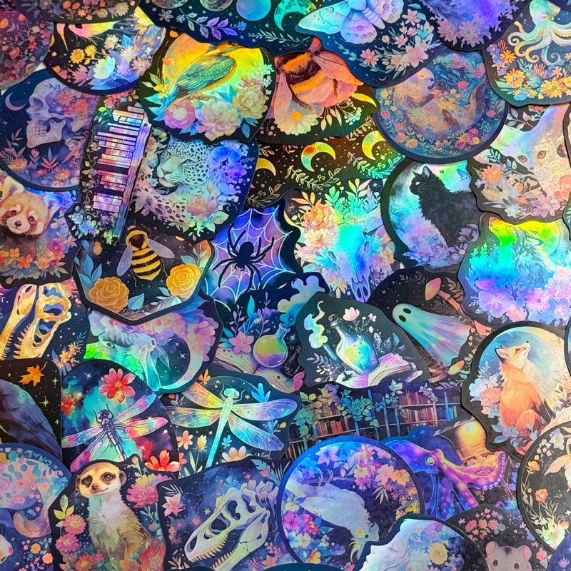 YOKSAS 50PCS Holographic Nature Floral Aesthetic Stickers â€“ Waterproof Vinyl Wildlife Animal & Celestial Fantasy Decals for Scrapbooking, Journaling, Laptop, Water Bottle Decoration - Image 1