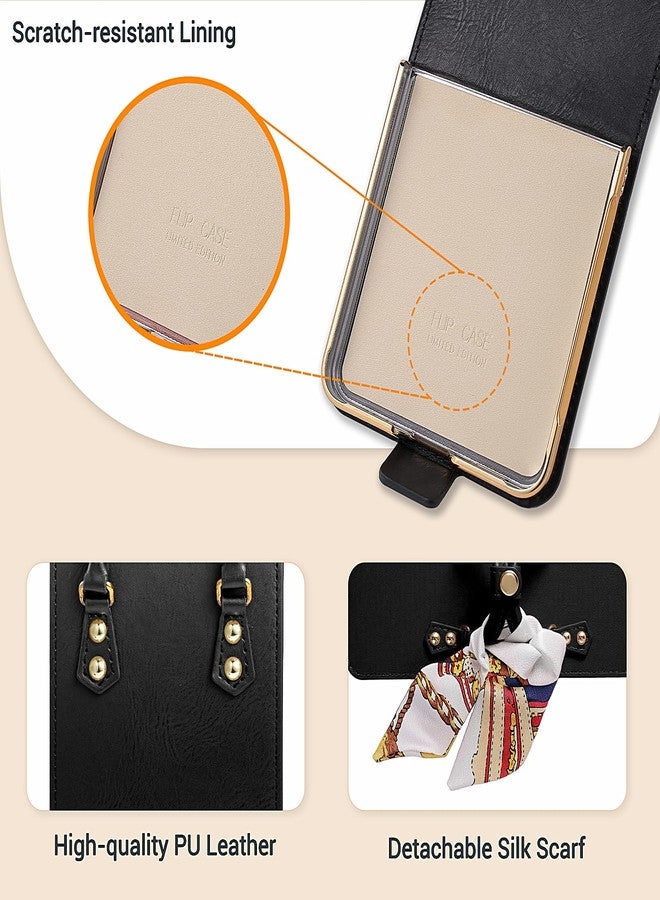XIMAND for Samsung Galaxy Flip 7 Case with Elegant Ribbon and Card Slot, Luxury Leather and Electroplating 360 Full Protector .(Black) - Image 5