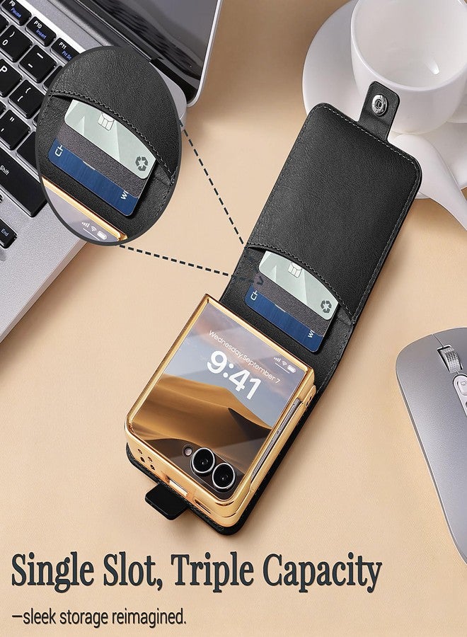 XIMAND for Samsung Galaxy Flip 7 Case with Elegant Ribbon and Card Slot, Luxury Leather and Electroplating 360 Full Protector .(Black) - Image 3