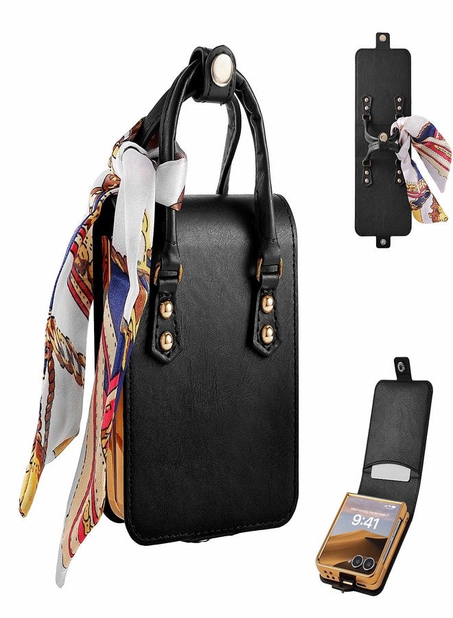 XIMAND for Samsung Galaxy Flip 7 Case with Elegant Ribbon and Card Slot, Luxury Leather and Electroplating 360 Full Protector .(Black) - Image 1