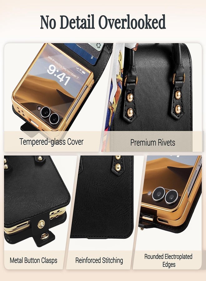 XIMAND for Samsung Galaxy Flip 7 Case with Elegant Ribbon and Card Slot, Luxury Leather and Electroplating 360 Full Protector .(Black) - Image 4