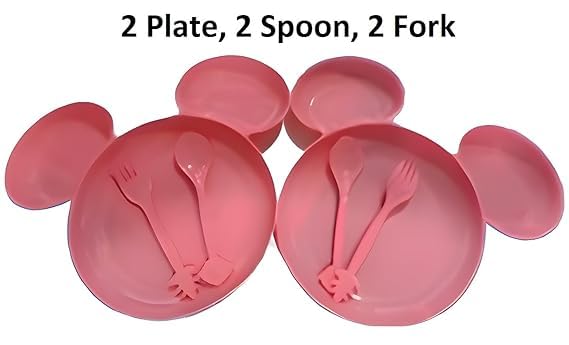 Cyrox Unbreakable Plastic Mickey Minnie Shaped Food Serving Divided Plates with 2 Forks and 2 Spoons for Kids (1Set) - Image 2