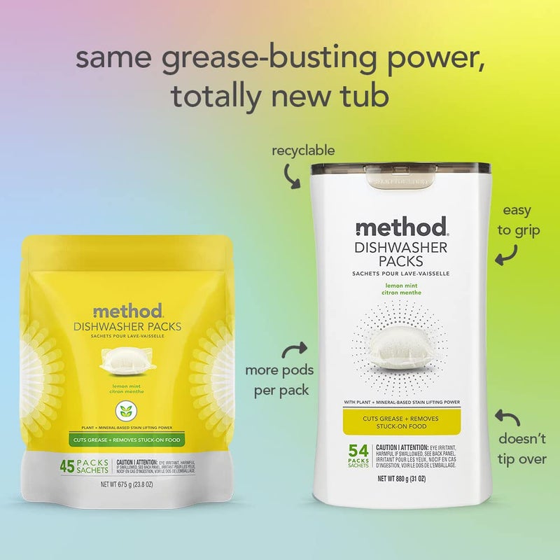 Method Dishwasher Detergent Packs, Lemon Mint, Dishwashing Rinse Aid to Lift Tough Grease and Stains, 54 Dishwasher Tabs per Package, (Pack of 2) - Image 4