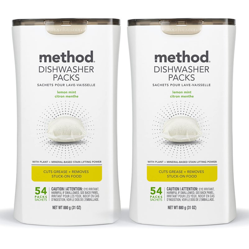 Method Dishwasher Detergent Packs, Lemon Mint, Dishwashing Rinse Aid to Lift Tough Grease and Stains, 54 Dishwasher Tabs per Package, (Pack of 2) - Image 1