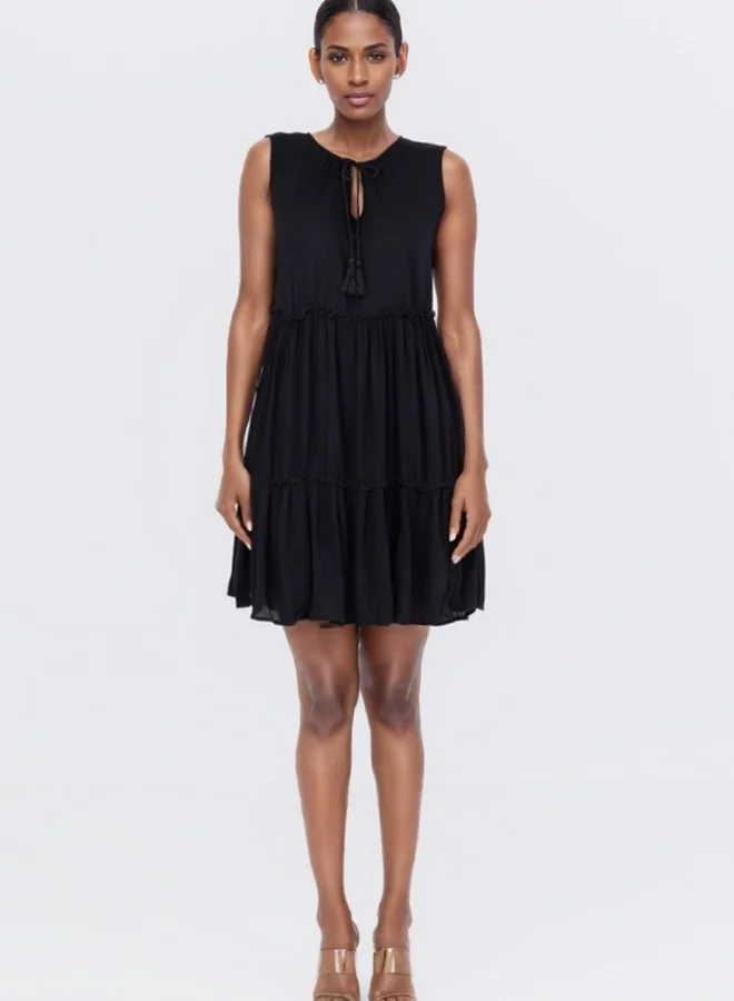 ZABAIONE Sleeveless Tiered Mini Dress with Tassel Tie - Black