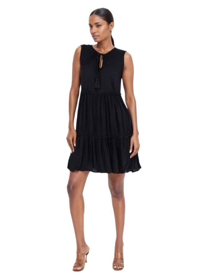 ZABAIONE Sleeveless Tiered Mini Dress with Tassel Tie - Black