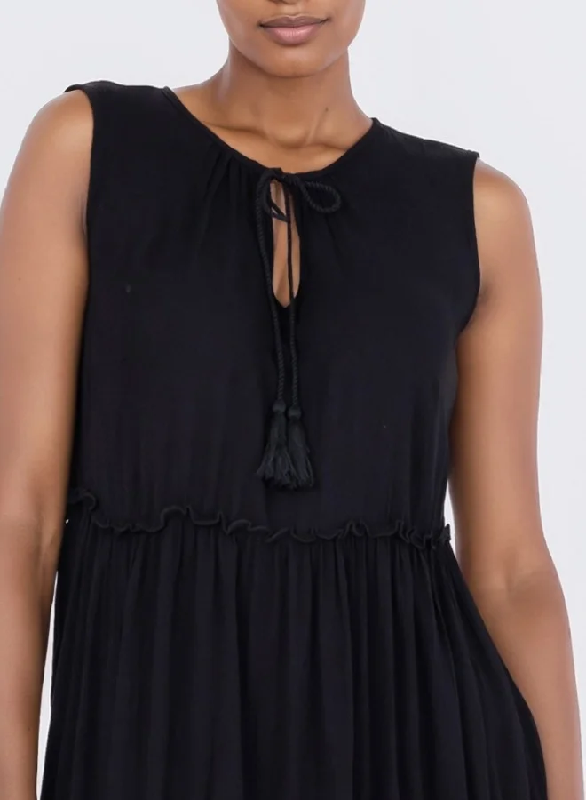 ZABAIONE Sleeveless Tiered Mini Dress with Tassel Tie - Black