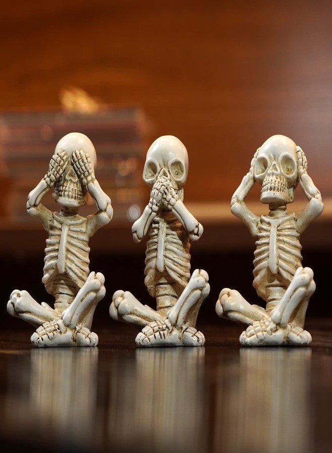 OwMell Set of 3 Skeletons Statue, Yoga Skull Figurine, Hear See Speak No Evil Statue Figurine, Halloween Gothic Home Decor - No Evil - Image 1