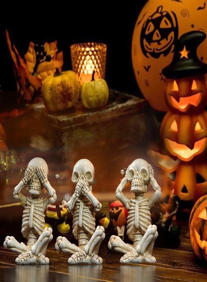 OwMell Set of 3 Skeletons Statue, Yoga Skull Figurine, Hear See Speak No Evil Statue Figurine, Halloween Gothic Home Decor - No Evil - Image 2