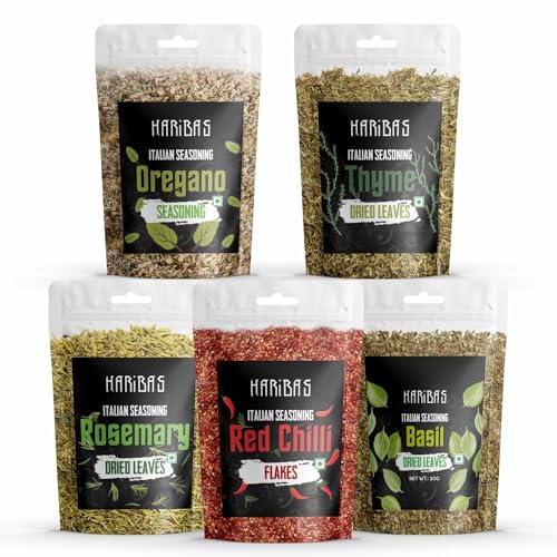 HARIBAS Seasonings Herbs & Spices Thyme, Basil, Chilli Flakes, Oregano & Rosemary 20gm Each | Mixed Herbs Seasonings - Image 1